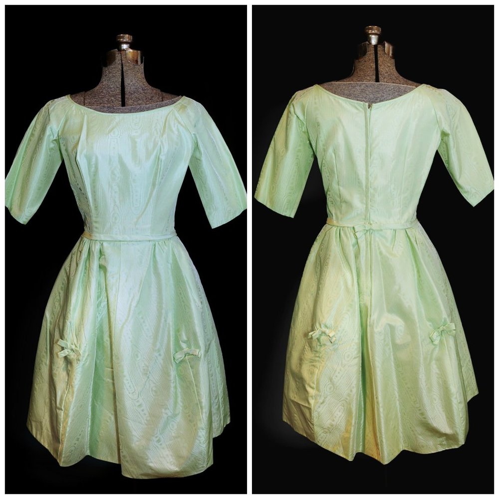 VTG 60's Mint Green Moire Satin Formal Dress XS/SM
